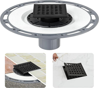Neodrain 4" Low Profile Square Shower Drain Kit, Matte Black | 304 Stainless Steel, Removable Grate/Drainage Key, PVC Bonding Flange Base with Fabric, For Low Profile Shower Pan