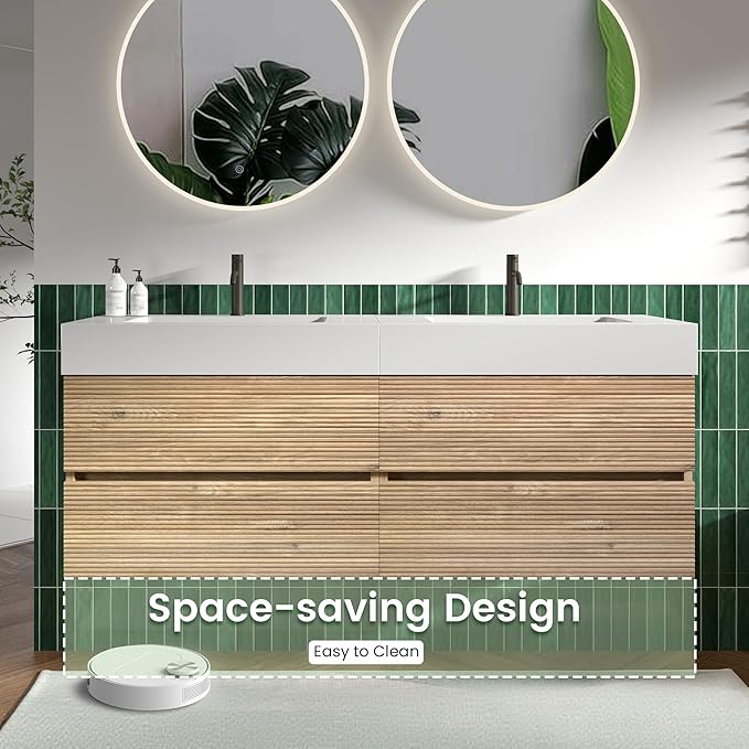 60" Floating Bathroom Vanity with Sink Combo, Modern Floating Double Sink Bathroom Vanity with Engineered Stone Tops & 4 Soft-Closing Drawers, Large Storage for Powder Room, Apartment, Rough Oak