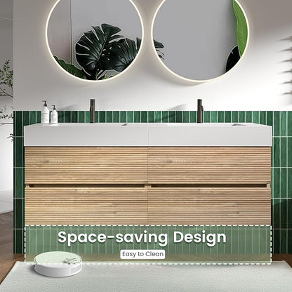 60" Floating Bathroom Vanity with Sink Combo, Modern Floating Double Sink Bathroom Vanity with Engineered Stone Tops & 4 Soft-Closing Drawers, Large Storage for Powder Room, Apartment, Rough Oak