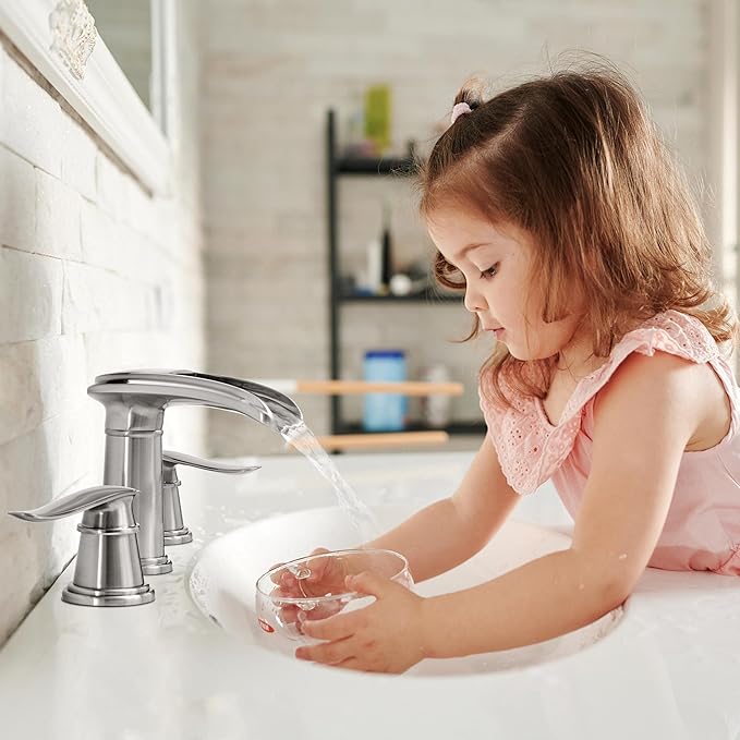 BWE Waterfall Bathroom Faucet, Brushed Nickel 8 Inch Widespread Bathroom Sink Faucet Two-Handle with Pop-up Drain, for Vanity, Lavatory Sink