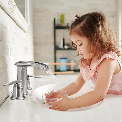BWE Waterfall Bathroom Faucet, Brushed Nickel 8 Inch Widespread Bathroom Sink Faucet Two-Handle with Pop-up Drain, for Vanity, Lavatory Sink