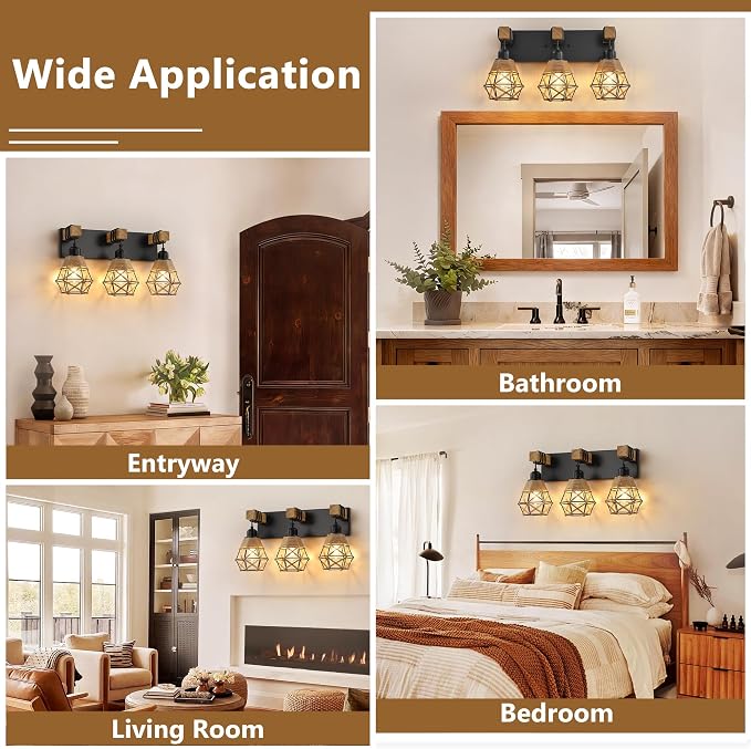 LmnLvn 3-Light Bathroom Vanity Light, Boho Farmhouse Hemp Rope Cage Shade | Wood & Black Metal Frame, Rustic Vanity Lighting, Mounted Over Mirror, Easy To Install for Restroom, Bedroom & Hallway