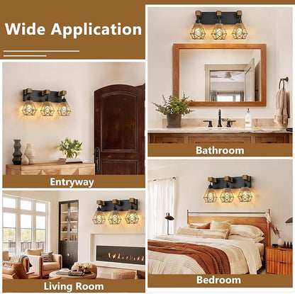LmnLvn 3-Light Bathroom Vanity Light, Boho Farmhouse Hemp Rope Cage Shade | Wood & Black Metal Frame, Rustic Vanity Lighting, Mounted Over Mirror, Easy To Install for Restroom, Bedroom & Hallway