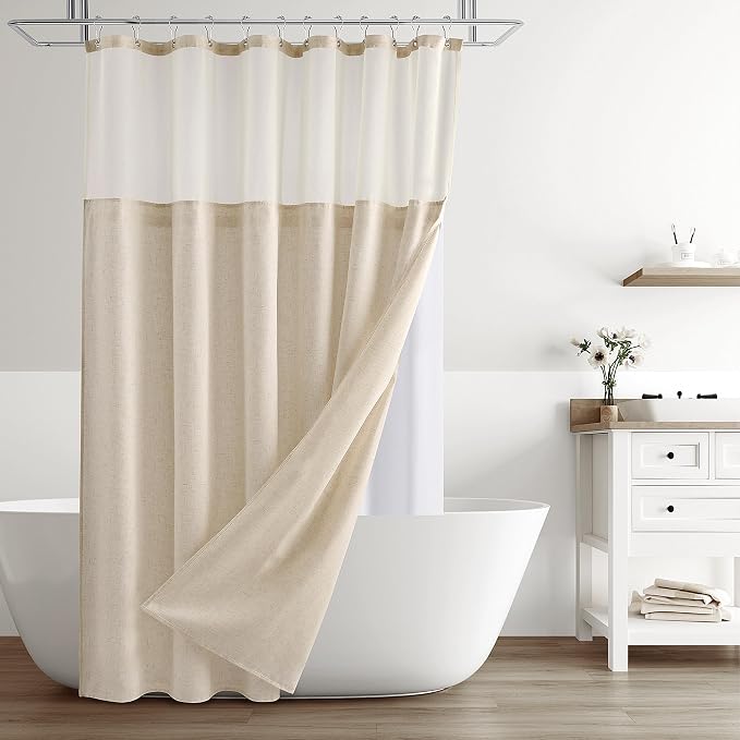 Extra Long Linen Shower Curtain 84 Inch Birch Beige Double Layer | 7ft,Curtains with Hook for Bathroom, Snap in Liner, Water Repellent, Boho Farmhouse, Modern Bath Decor, 1 Panel, 72x84