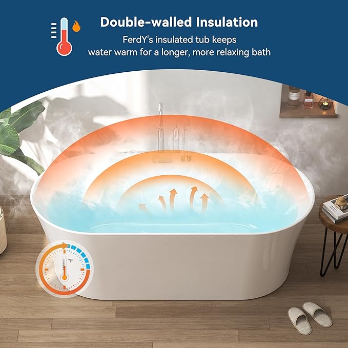 FerdY Santorini 67" Acrylic Freestanding Tub, Gracefully Shaped Contemporary Soaking Tub, Glossy White, cUPC Certified, White Toe-tap Drain and