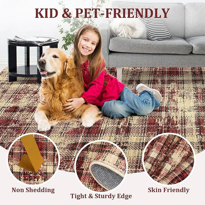 Living Room Area Rug 6x9 Washable Rugs Soft Bedroom Rug Farmhouse Large Area Rug Non Slip Throw Rugs Modern Low Pile Non Shedding Stain Resistant Carpet for Dining Room Classroom 6'x9' Red