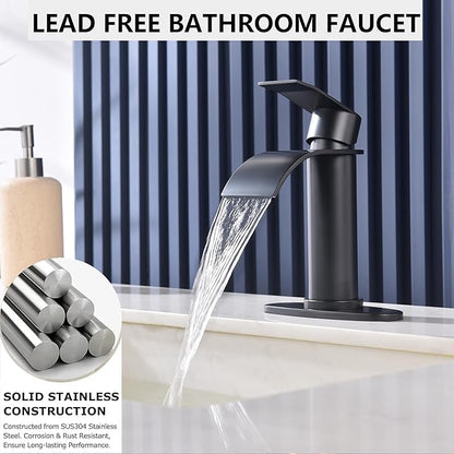 Black Waterfall Bathroom Faucet Single Hole, Matte Black Single Handle Bathroom Sink Faucet with Pop Up Drain and Supply Hose, Black Bathroom Faucet for Sink 1 Hole,SL5002BK