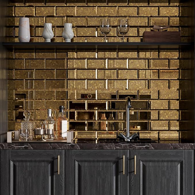 Peel and Stick Beveled Gold Antique Mirror Tile Subway Mirror Glass Backsplash 3x6 Inch for Kitchen Bathroom Wall (40 Pcs, 5 SQ.FT.)