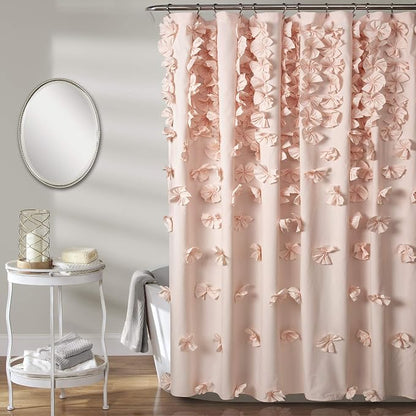 Lush Decor Riley Shower Curtain, 72" W x 72" L, Blush - Bathroom Curtain - Coquette Decor - Bow Shower Curtains - Cottage Core - Fabric Shower Curtains