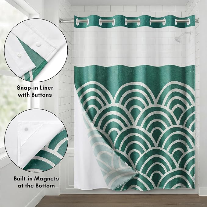 Americanflat 72x75 Hookless Shower Curtain - Water-Resistant Wave Pattern Shower Curtain with Sheer Panel, Snap-in Liner, and Durable Grommets - 100% Polyester - Teal and White