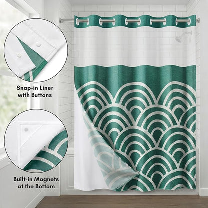 Americanflat 72x75 Hookless Shower Curtain - Water-Resistant Wave Pattern Shower Curtain with Sheer Panel, Snap-in Liner, and Durable Grommets - 100% Polyester - Teal and White