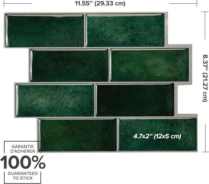 Smart Tiles Peel and Stick backsplash, Subway Emerald Green, 11.55"x8.38" | Pack of 5 (2.8 sq ft), Glossy, Heat/Moisture Resistant, Low VOC, Kitchen/Bathroom, Renter Friendly, Made in Canada
