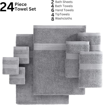 LANE LINEN Towel Set Soft Absorbent Quick Dry 100% Cotton 24 Piece - Grey | Cotton Bath Towels - Lightweight & Breathable, Fade-Resistant Color, Classic Terry Weave, Densely Woven & Durable