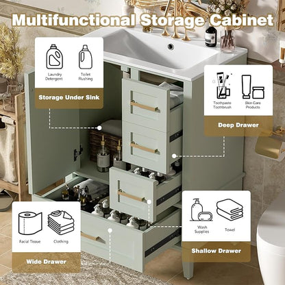 24.8" Bathroom Vanity with Ceramic Sink, Freestanding Bathroom Cabinet with Soft-Close Door, 3 Drawers & Spacious Storage, Solid Wood Frame and MDF, Modern Green Vanity for Small Bathrooms