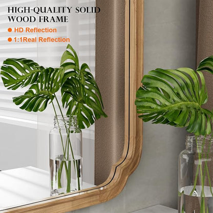 28" x 40" Rounded Corner Arch Wall Mirror with Wood Frame for Entryway, Living Room or Bedroom Home Decor - Light Woodgrain [28 x 40 inches, Honey-Colored]