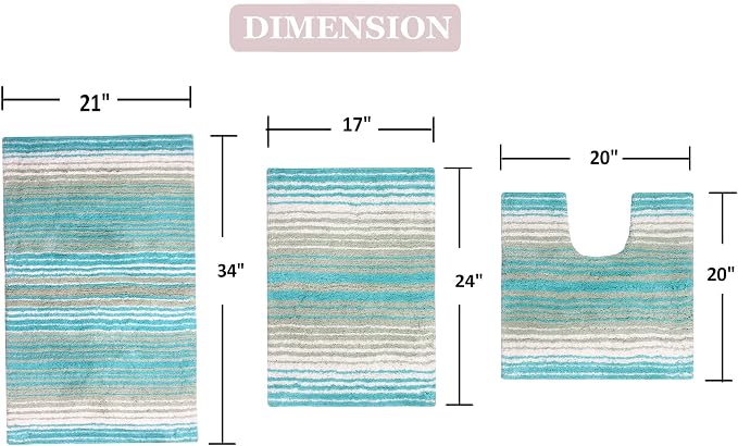 Home Weavers 100% Cotton Gradiation Collection Bathroom Décor, Washable Rug, Bathroom Mat, Kitchen Mat, Bathroom Rug Set, Bath Mat Set, Bath Floor Mat Non Slip, 3 Piece Set with Contour, Turquoise