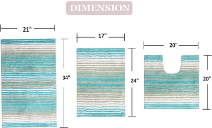 Home Weavers 100% Cotton Gradiation Collection Bathroom Décor, Washable Rug, Bathroom Mat, Kitchen Mat, Bathroom Rug Set, Bath Mat Set, Bath Floor Mat Non Slip, 3 Piece Set with Contour, Turquoise