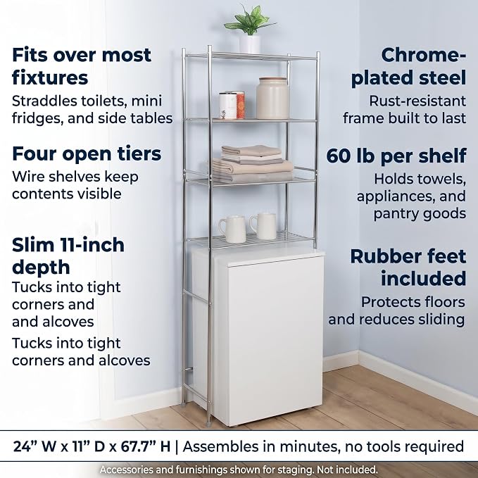 Honey-Can-Do 4-Tier Steel Over-the-Toilet Storage Shelf, Chrome | 4-tier steel shelf frees floor space over the toilet. 10.5in shelf gap for towels & toiletries. Chrome, 68in tall.