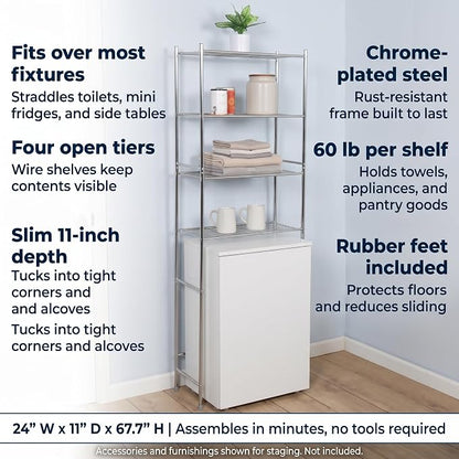 Honey-Can-Do 4-Tier Steel Over-the-Toilet Storage Shelf, Chrome | 4-tier steel shelf frees floor space over the toilet. 10.5in shelf gap for towels & toiletries. Chrome, 68in tall.
