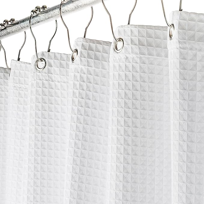 Creative Scents Fabric White Shower Curtain for Bathroom - 60" x 72" Spa, Hotel Luxury Matt Waffle Weave Square Design, Water Repellent, 230 GSM Weighty Cloth, for Decorative Bathroom Curtains