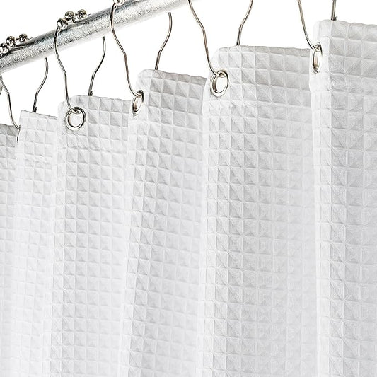 Creative Scents Fabric White Shower Curtain for Bathroom - 72 x 84 Spa, Hotel Luxury Matt Waffle Weave Square Design, Water Repellent, 230 GSM Weighty Cloth, for Decorative Bathroom Curtains