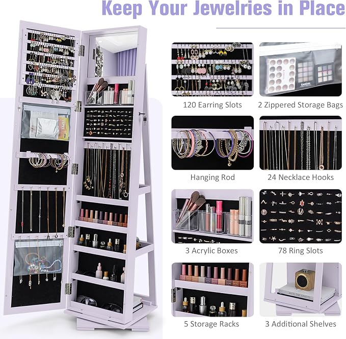 LOKO 360° Rotating Jewelry Armoire, Freestanding Jewelry Cabinet with Inside Makeup Mirror, 2-in-1 Lockable Jewelry Organizer w/Full-Length Mirror for Women (Lavender)