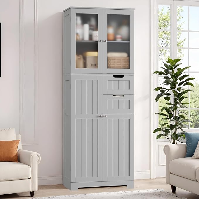 BOTLOG 67'' Tall Bathroom Storage Cabinet with Adjustable Shelf | Frosted Glass Doors, Wood Drawers, Kitchen Pantry Line Cabinet for Kitchen Bathroom, Living Room, Grey