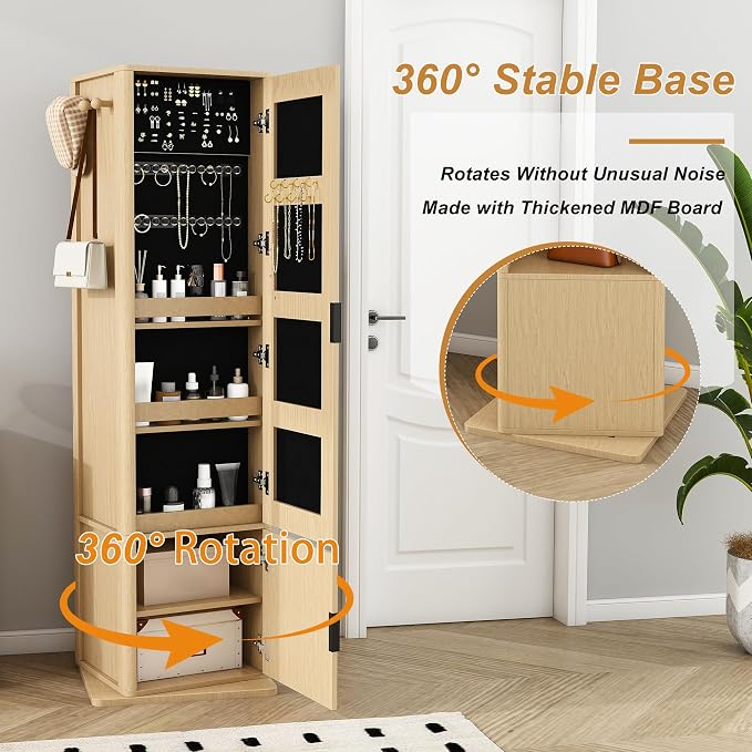 360° Rotating Jewelry Cabinet, 66.5" Standing Jewelry Armoire with Full-Length Mirror + Hidden Storage + 4-Tier Shelf + Coat Racks, Multi-Functional Jewelry Organizer for Bedroom, Entryway