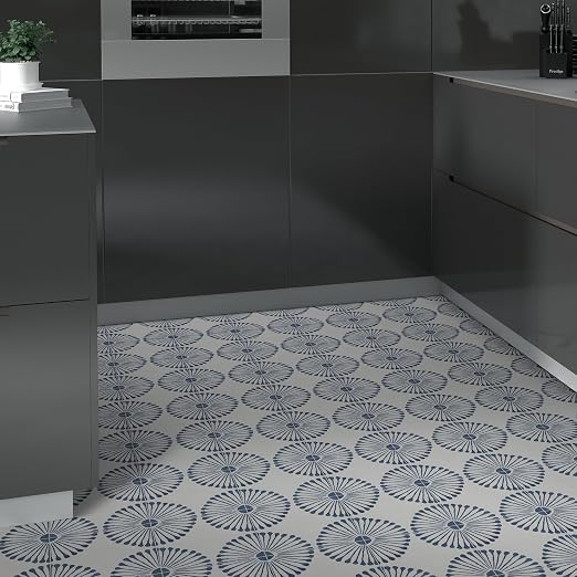 16-Sheet Peel and Stick Floor and Wall Tile, 9" x 9" Blue Stone Composite Self Adhesive Vinyl Flooring, Patterned Flower Groutable Backsplash Tile for Kitchen Bathroom Shower