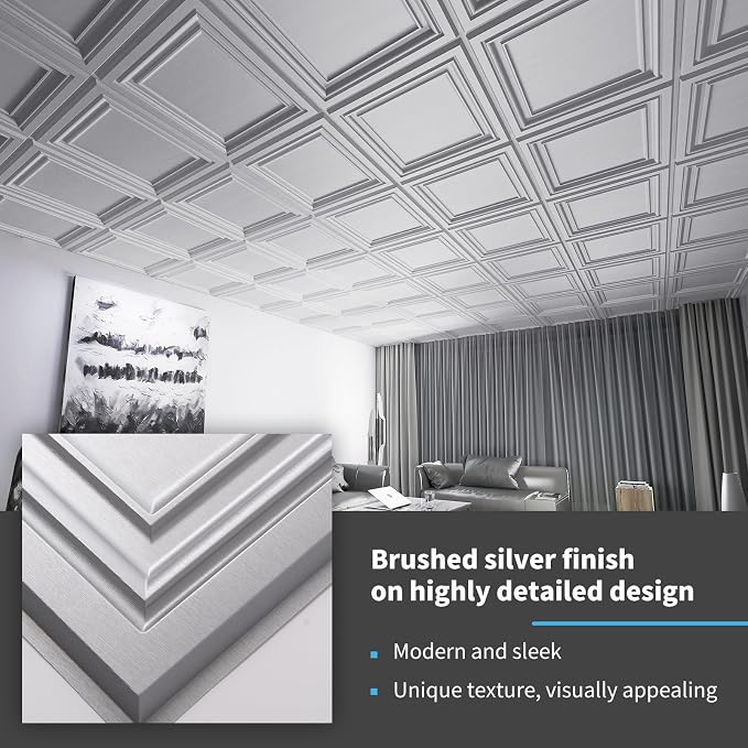 Art3d PVC Ceiling Tiles, 2'x2' Plastic Sheet in Argent Silver (12-Pack)