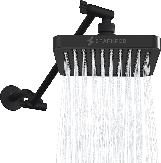 SparkPod 6" Square Rain Shower Head with 11" Shower Arm | Shower Head & Extension Arm Combo, Height Adjustable, High Pressure Performance, Easy 1-Minute Installation, Black Matte