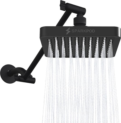 SparkPod 6" Square Rain Shower Head with 11" Shower Arm | Shower Head & Extension Arm Combo, Height Adjustable, High Pressure Performance, Easy 1-Minute Installation, Black Matte
