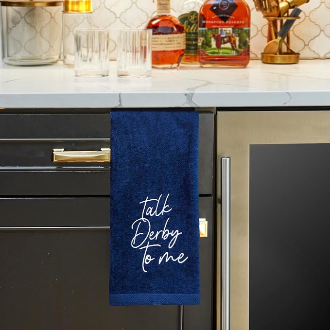 SKL Home Talk Derby 100% Cotton Embroidered 2pc Hand Towel Set, Decorative for Bath/Kitchen/Bar & Gift, Navy