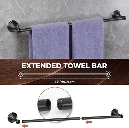 Bathroom Towel Bar Accessories Set，Oil Rubbed Bronze Bathroom Hardware Set, Includes 24In Towel Bar, Towel Ring, Robe Towel Hooks,Toilet Paper Holder, Bathroom Towel Rack Set