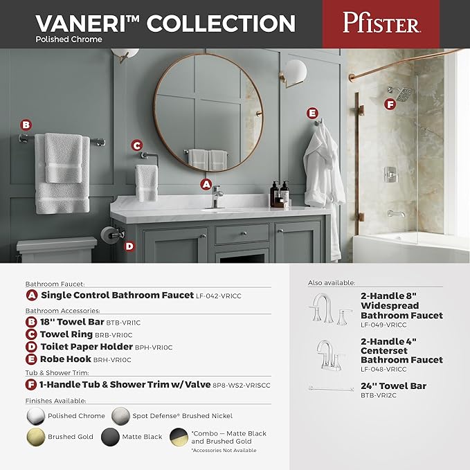 Pfister Vaneri Bathroom Sink Faucet, 8-Inch Widespread, 2-Handle, 3-Hole, NSF Certified, Polished Chrome Finish, LF049VRICC