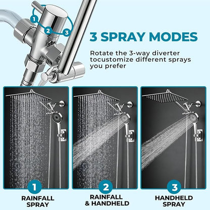 Shower Head, Rain Shower Head with Handheld Spray Combo, 12Inch Adjustable High Pressure Rainfall Shower Head, Dual Showerhead Set with Extension Arm