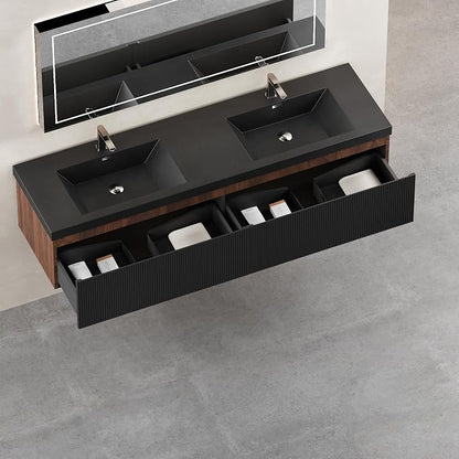 72 Inch Floating Bathroom Vanity with Double Sink, Modern Black Wall Mounted Floating Vanity with Scratch-Resistant Quartz Sand Basin, Soft Closing Drawers, Fully Pre Assembled Bathroom Vanity