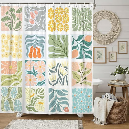 JAWO Cute Boho Floral Shower Curtain, Vintage Colorful Abstract Floral Retro Aesthetic Shower Curtain for Bathroom, Funky Unique Waterproof Fabric Polyester Bath Curtains Decor with Hooks,70Wx78H