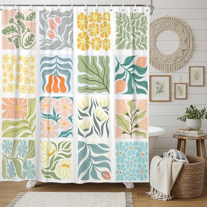 JAWO Cute Boho Floral Shower Curtain, Vintage Colorful Abstract Floral Retro Aesthetic Shower Curtain for Bathroom, Funky Unique Waterproof Fabric Polyester Bath Curtains Decor with Hooks,60Wx70H