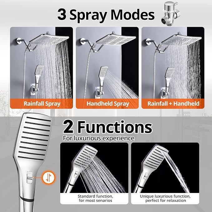 XXL 12.2" Rain Shower Head with Handheld Spray, High Pressure Combo | Height adjustable dual shower system with rainfall showerhead and handheld spray for bathroom upgrades and easy rinsing.