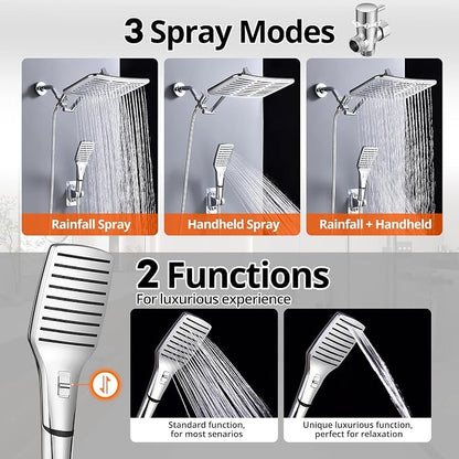 XXL 12.2" Rain Shower Head with Handheld Spray, High Pressure Combo | Height adjustable dual shower system with rainfall showerhead and handheld spray for bathroom upgrades and easy rinsing.
