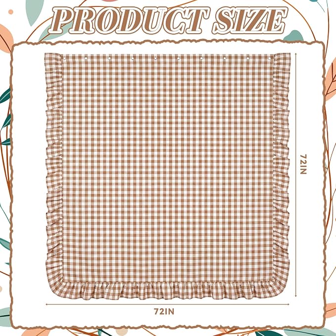 HunnmingRe Ruffled Gingham Shower Curtain Taupe | 72'' x 72'' Vintage Farmhouse Curtain, Cotton Cottage Core Rural Checkered Plaid Decor, Fall Shower Curtain for Bathroom