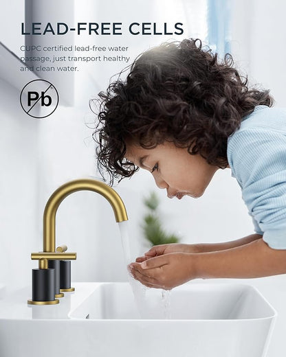 FORIOUS Black and Gold Bathroom Faucet 3 Hole with Pop Up Drain and 24 in Supply Line, 2 Handle Modern Bathroom Vanity Faucet Widespread 8 inch with 360 Degree Swivel Gooseneck, for 6" to 12" Basin