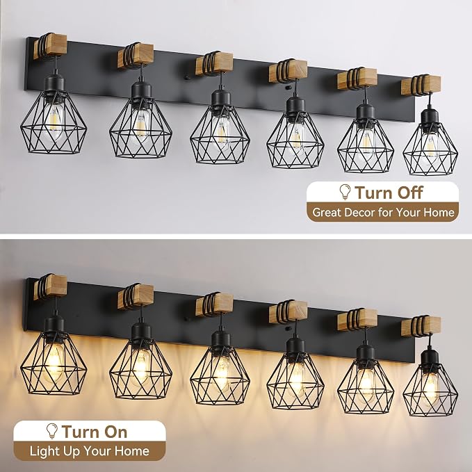maesta 6 Light Bathroom Vanity Light, Farmhouse Black Fixture Over Mirror | Farmhouse Bathroom Light Fixtures, Wood & Metal, Anti-Rust, Easy to Install for Rustic Bathroom Hallway