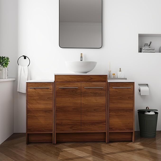 48" Bathroom Vanity, 48 Inch Freestanding Vanity with Ceramic Vessel Sink, Modern Single Sink Bathroom Vanity Combo, Brown Floor Stand Large Storage Cabinet Set (BRE321, 48 * 18)