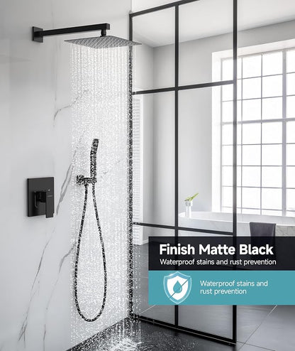 SR SUN RISE Shower System 10 Inch Rainfall Brass Valve Trim Kit Black | Wall-Mounted Rainfall Shower Set with Valve, Pressure Balance for Stable Temp, 304 Steel, Lead-Free Waterway, Leak-Resistant