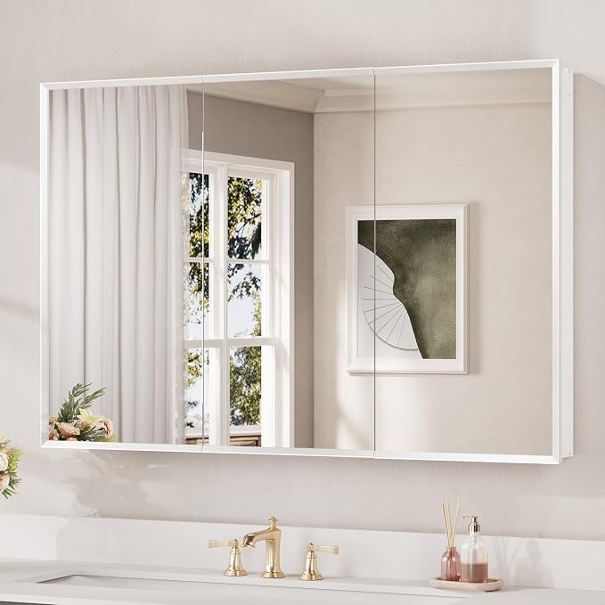 Keonjinn Large Medicine Cabinet Mirror 48 x 32, Black Beveled Frame, 3 Door | Assembly Required, Adjustable Shelves, Aluminum Cabinet, Tempered Glass, Surface Mount or Recessed, Ideal for Large Bathroom