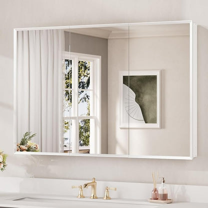 Keonjinn Large Medicine Cabinet Mirror 48 x 32, Black Beveled Frame, 3 Door | Assembly Required, Adjustable Shelves, Aluminum Cabinet, Tempered Glass, Surface Mount or Recessed, Ideal for Large Bathroom