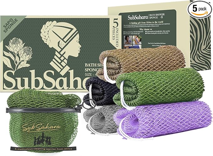 Authentic African Net Sponge, 5 Pack 45-Inch Exfoliating Bath Sponge and Shower Loofah for Body and Back, Colorfast Quick-Dry Knotted Mesh Scrubber with Travel Pouch