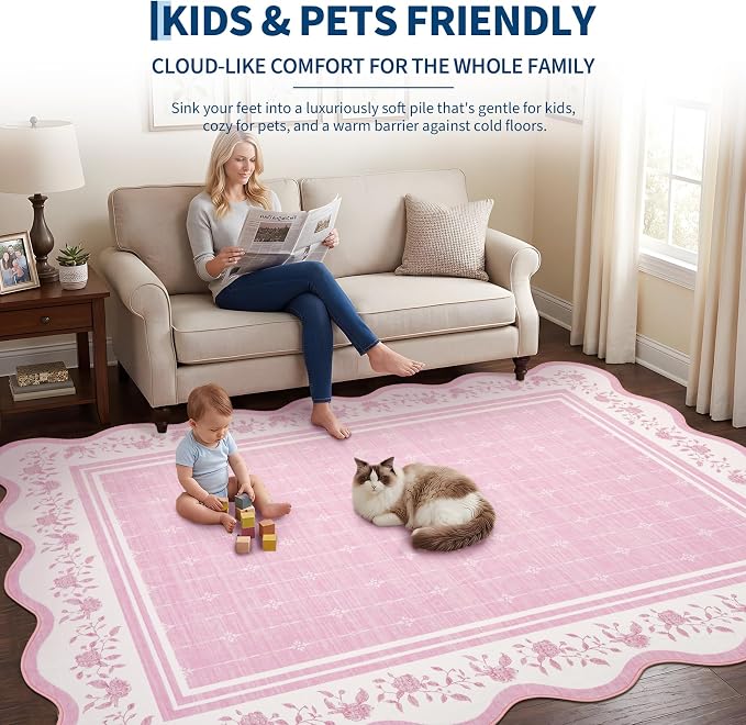 Garvee Scollaped Rugs for Living Room 5x7 Area Rugs for Bedroom Soft Pink | Non-Slip Low Pile Neutral Kids Rug Non-Shedding Bordered Nursery Carpet Foldable Thin Mat for Dining Room Kitchen Playroom